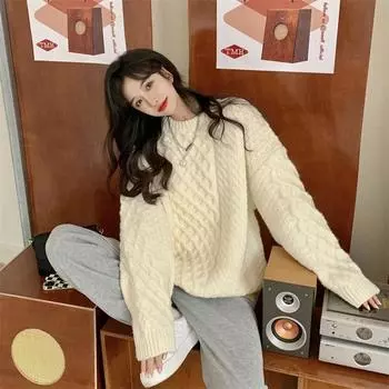 Свитер женский осенний с круглым вырезом, свободный, с длинными рукавами, тонкий однотонный пуловер, удобная вязаная рубашка в стиле ретро, топы S белый