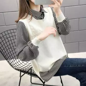 Свитер женский осенний свободный верхняя одежда ложный комплект из двух предметов топы удобная трикотажная куртка S белый