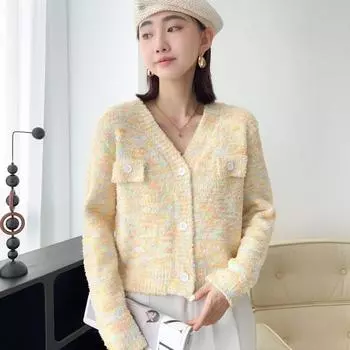 Свитер женский, популярный на весну и осень, короткий кардиган, женский ленивый вязаный длинный рукав с V-образным вырезом, маленькое пальто, женский кардиган иностранного производства