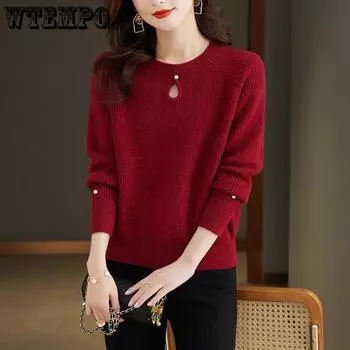 Свитер женский повседневный вязаный пуловер осень и зима мягкий и теплый с длинными рукавами базовый круглый вырез M