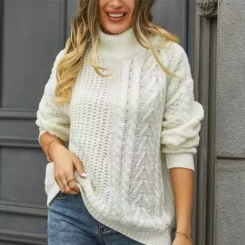 Свитер женский сплошной цвет вязаный большой размер свободный полуводолазка топ S белый