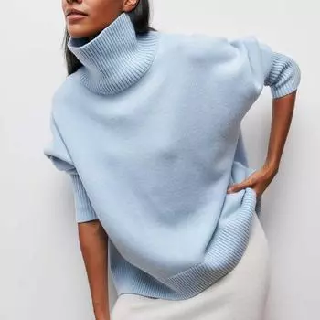 Свитер женский свободный полуводолазка однотонный пуловер вязаный топ S чёрный