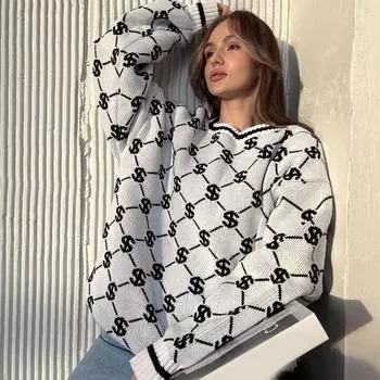 Свитер женский свободный теплый повседневный вязаный топ с круглым вырезом и принтом S чёрный