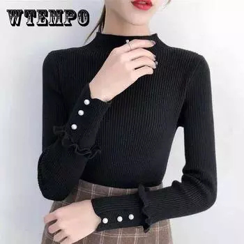 Свитер женский тонкий с длинными рукавами и полувысоким воротником, трикотажный низ рубашки L чёрный