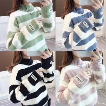 Свитер Женский Топы Модная Женская Зимняя Одежда Наряд Корейский Стиль Полосатый Элегантный Высокий Воротник Пуловеры Свитера Джемперы S чёрный