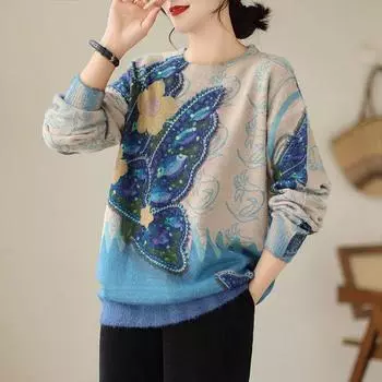 Свитер женский утолщенный теплый свободный свитер нижняя рубашка круглый вырез повседневный пуловер с баской топ женский M