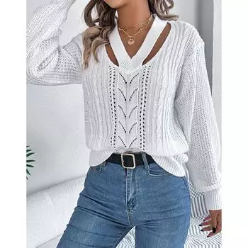 Свитер женский V-образный вырез трикотажный уличный осенне-зимний винтажный белый повседневный свитер с длинным рукавом S белый