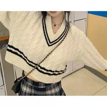 Свитер женский в стиле колледжа с v-образным вырезом свитер женский свободный осенне-зимний новый дизайн поворот нишевый короткий вязаный свитер женский one size fits all белый