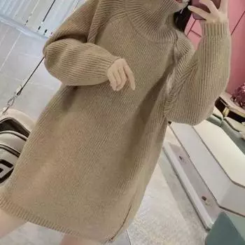 Свитер женский верхняя одежда ленивый ветер однотонный мягкий липкий свободный высокий воротник вязаный кардиган куртка женская прилив One size бежевый