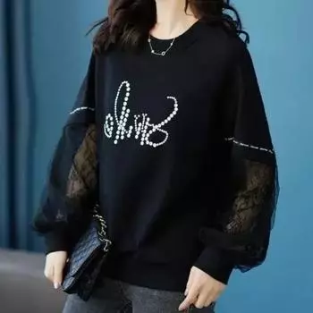 Свитер женский весенний плюс размер женская французская кружевная рубашка модный топ с длинными рукавами XXXXL чёрный