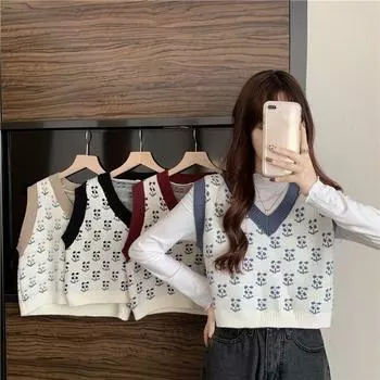 Свитер женский, весна 2023, новый винтажный жаккардовый короткий жилет без рукавов с v-образным вырезом, топ с вязаным жилетом, женский топ One Size чёрный