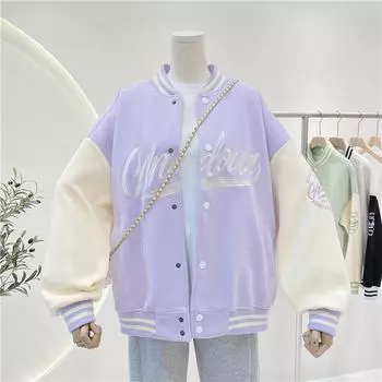 Свитер женский весна и осень тонкий новый бейсбольная форма американская ретро свободная вышитая куртка куртка ins тренд M фиолетовый