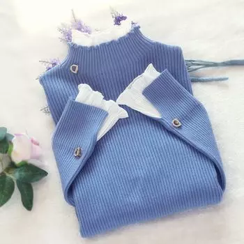 Свитер женский, водолазка, кружевной пуловер с рюшами, женский топ с рукавами-трубой, однотонный трикотаж, трендовый свитер, осень-зима S розовый