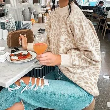 Свитер женский, водолазка с леопардовым принтом, вязаный свитер с животным принтом, зимние толстые женские пуловеры, повседневные топы, свитер оверсайз One Size абрикосовый