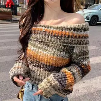 Свитер женский вязаный с открытыми плечами и длинными рукавами One size