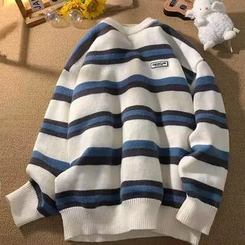 Свитер женский зимний полосатый с круглым вырезом, свободный вязаный свитер, винтажный универсальный внутренний свитер, пуловер, свитер S белый
