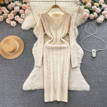 Свитер женский, зимний, средней длины, базовые юбки, ретро витой цветок, облегающий темперамент, трикотажное платье с v-образным вырезом и длинными рукавами, женское One Size чёрный