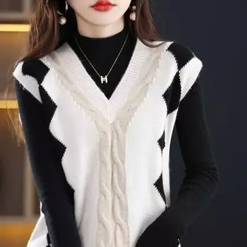 Свитер-жилет 2023, осенне-зимний новый жилет, женский контрастный свитер без рукавов с v-образным вырезом, свободный контрастный свитер, жилет, женский пуловер One Size небесно-голубой