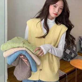 Свитер-жилет 2023, весна и осень, корейское издание, свободный свитер-жилет, вязаный кардиган без рукавов с v-образным вырезом, женский жилет-майка One Size чёрный