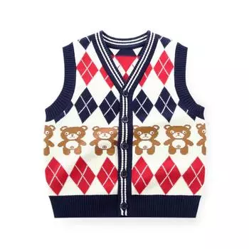 Свитер-жилет для мальчиков и девочек, униформа без рукавов с v-образным вырезом и рисунком медведя, вязаная клетчатая детская одежда 90cm серый
