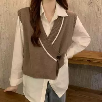 Свитер-жилет для женщин, топ без рукавов, жилет с цветными блоками, свободный крой One Size