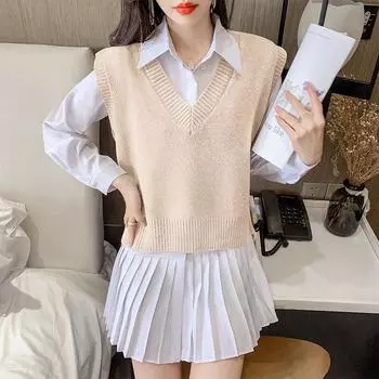 Свитер-жилет на весну и осень, новый вязаный жилет с v-образным вырезом, осенне-зимняя верхняя одежда, корейский универсальный свитер, жилет, пуловер, женский One Size чёрный