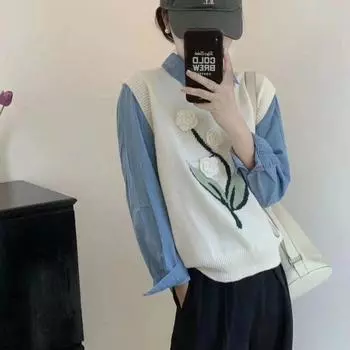 Свитер-жилет, осень-зима 2022, повседневный корейский пуловер без рукавов с круглым вырезом, жилет, женские топы One Size чёрный