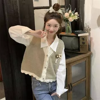 Свитер, жилет с v-образным вырезом для женщин, весна 2023, дизайн, ниша, свободная верхняя одежда для маленьких фигур, куртка, кардиган, жилет женский One Size серый