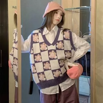 Свитер-жилет женский 2023, японский ленивый стиль, уникальный контрастный винтажный свитер, пуловер, вязаный жилет в клетку с цветком, женские топы One Size фиолетовый