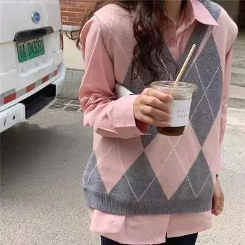 Свитер-жилет женский осенне-зимний базовый женский вязаный жилет с ромбовидным принтом One Size чёрный