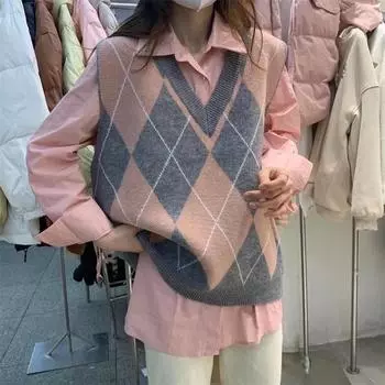 Свитер-жилет женский осенне-зимний базовый женский вязаный жилет с ромбовидным принтом One Size чёрный