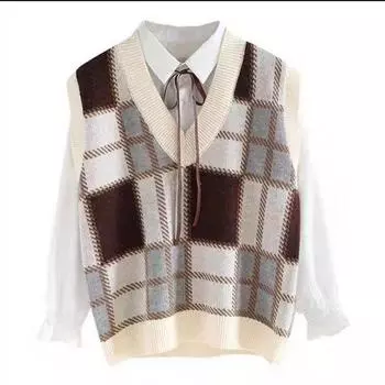 Свитер-жилет женский, с v-образным вырезом, мягкий, теплый, модный клетчатый свитер без рукавов, универсальный вязаный жилет свободного покроя в стиле ретро One Size хаки/абрикосовый