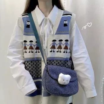 Свитер-жилет женский в британском стиле в стиле пэчворк, однобортный, с v-образным вырезом, без рукавов, с открытой строчкой, модный для студентов в консервативном стиле One Size белый