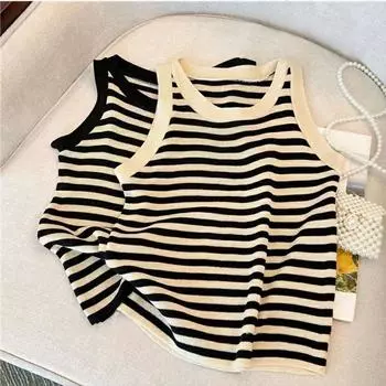 Свитер-жилет женский весенне-летний топ на бретельках с внутренним слоем и дизайном на ремешке, полосатый топ с жилетом без рукавов, женский пуловер One Size чёрный