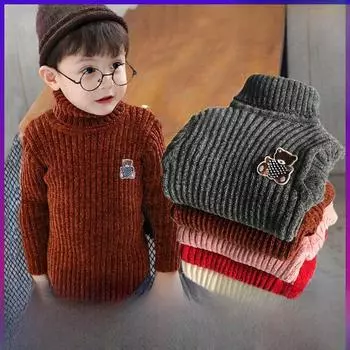 Свитер зимний мальчик девочка ребенок толстый трикотажный водолазка рубашки однотонный высокий воротник пуловер пушистый свитер 140 белый