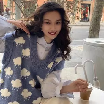 Свитера без рукавов с v-образным вырезом и принтом облаков, свободный вязаный жилет, верхняя зимняя одежда, женский осенний вязаный пуловер, свитер, жилет, женский 15990 One Size синий