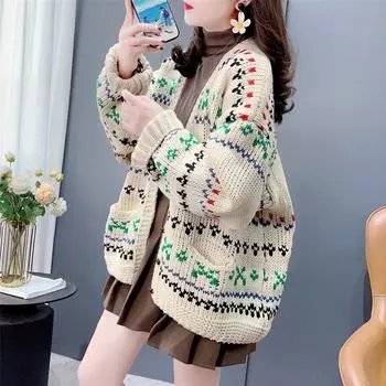 Свитера Цветочное пальто Кардиган Осень Женщины Принт О-образный вырез Свитера Вязаный свитер Свободная куртка One size бежевый