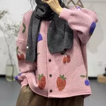 Свитера Цветочный кардиган Осень Женщины Принт O-образный вырез Свитера Вязание Свободный Зеленый свитер One Size розовый