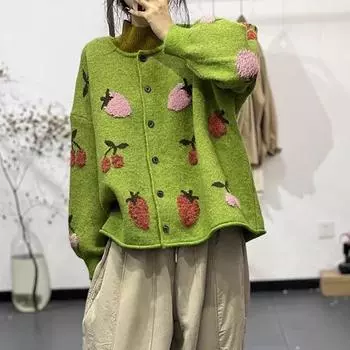 Свитера Цветочный кардиган Осень Женщины Принт O-образный вырез Свитера Вязание Свободный Зеленый свитер One Size зелёный