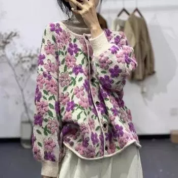 Свитера Цветочный кардиган Осень Женщины Принт O-образный вырез Свитера Вязание Свободный свитер Черный One size фиолетовый