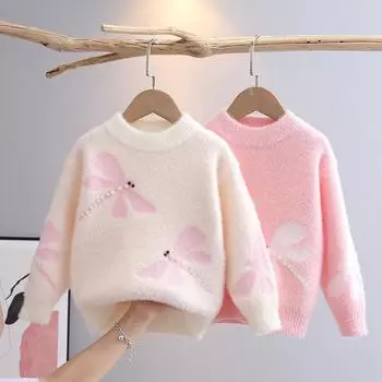 Свитера для девочек, осенне-зимние пуловеры, топы с круглым вырезом для девочек, модные низы, пуловеры из норки и флиса 150 белый