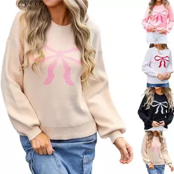 Свитера для женщин, модный модный пуловер с круглым вырезом и длинными рукавами, вязаный свитер с бантом, топы L чёрный