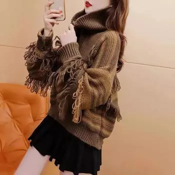 Свитера для женщин, осенне-зимние свитера с высоким вырезом в полоску и застежкой-молнией в полоску, вязаный низ, свитер с длинными рукавами, женский пуловер One Size чёрный