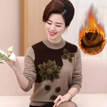 Свитера для женщин среднего и пожилого возраста, осенне-зимние, бархатные, толстые, вязаные, свитера больших размеров для мам, свободная низ, рубашка, топ XXXL