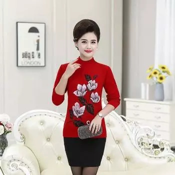 Свитера для женщин среднего и пожилого возраста Вязаные свитера Одежда для мам Короткие и универсальные базовые рубашки XL красный