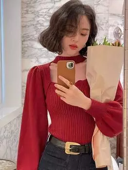 Свитера осень и зима. Новые нишевые рубашки с рукавами-фонариками, квадратным вырезом и трикотажные топы с длинными рукавами. S красный