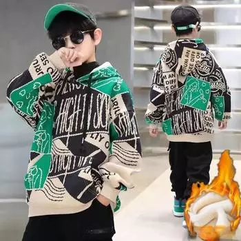 Свитера с капюшоном для мальчиков, детская осенне-зимняя мода для мальчиков, а также бархатные свитера 170 бежевый