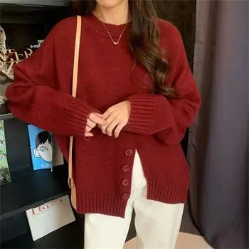 Свитера с разрезом спереди и сзади для женщин, которые можно носить свободно осенью и зимой, новая корейская версия тонкого пуловера, дизайн, смысл, вязаный свитер average size оливковое зеленый