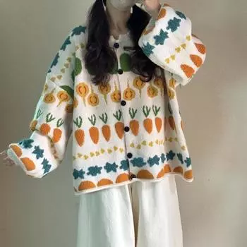 Свитера Вязание Цветочный Кардиган Осенний Принт Женские Свитера Летучая Мышь Свободный Свитер One Size чёрный