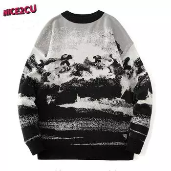 Свитера в стиле Харадзюку, осенне-зимние повседневные свитера для мужчин, свободный стиль, пуловеры с длинными рукавами и круглым вырезом M чёрный